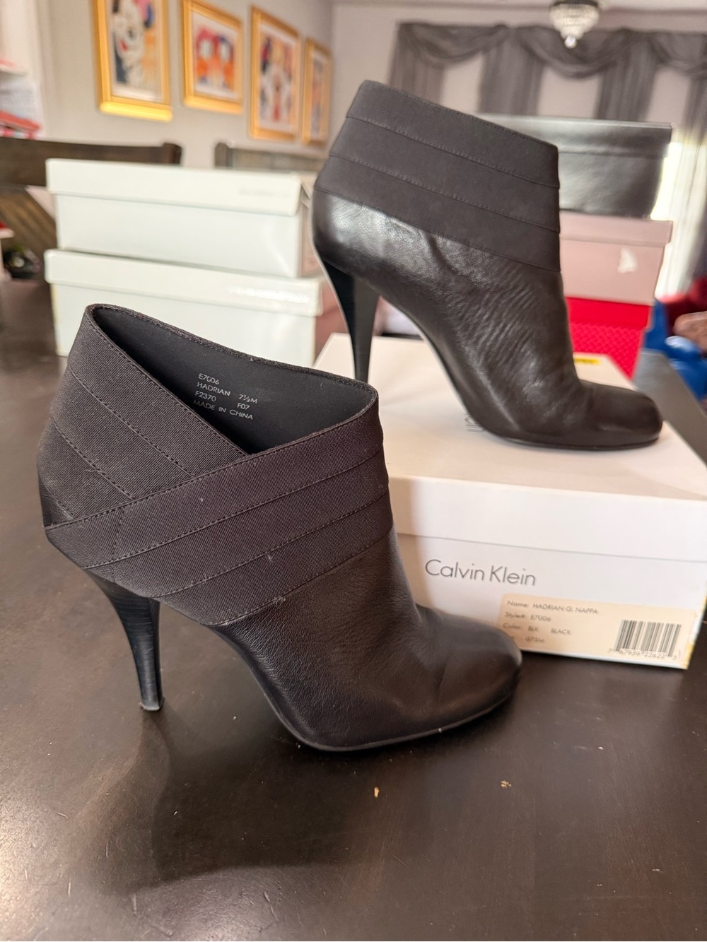 Calvin Klein Black Leather High-Heel Ankle Booties with Fabric Cuff